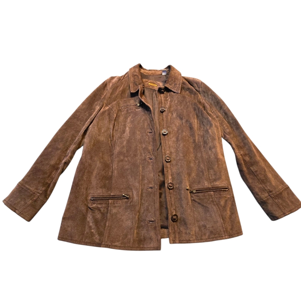 i.e. Relaxed Woman Brown Leather Button Up Coat w/Zip Pockets Size 1X F20